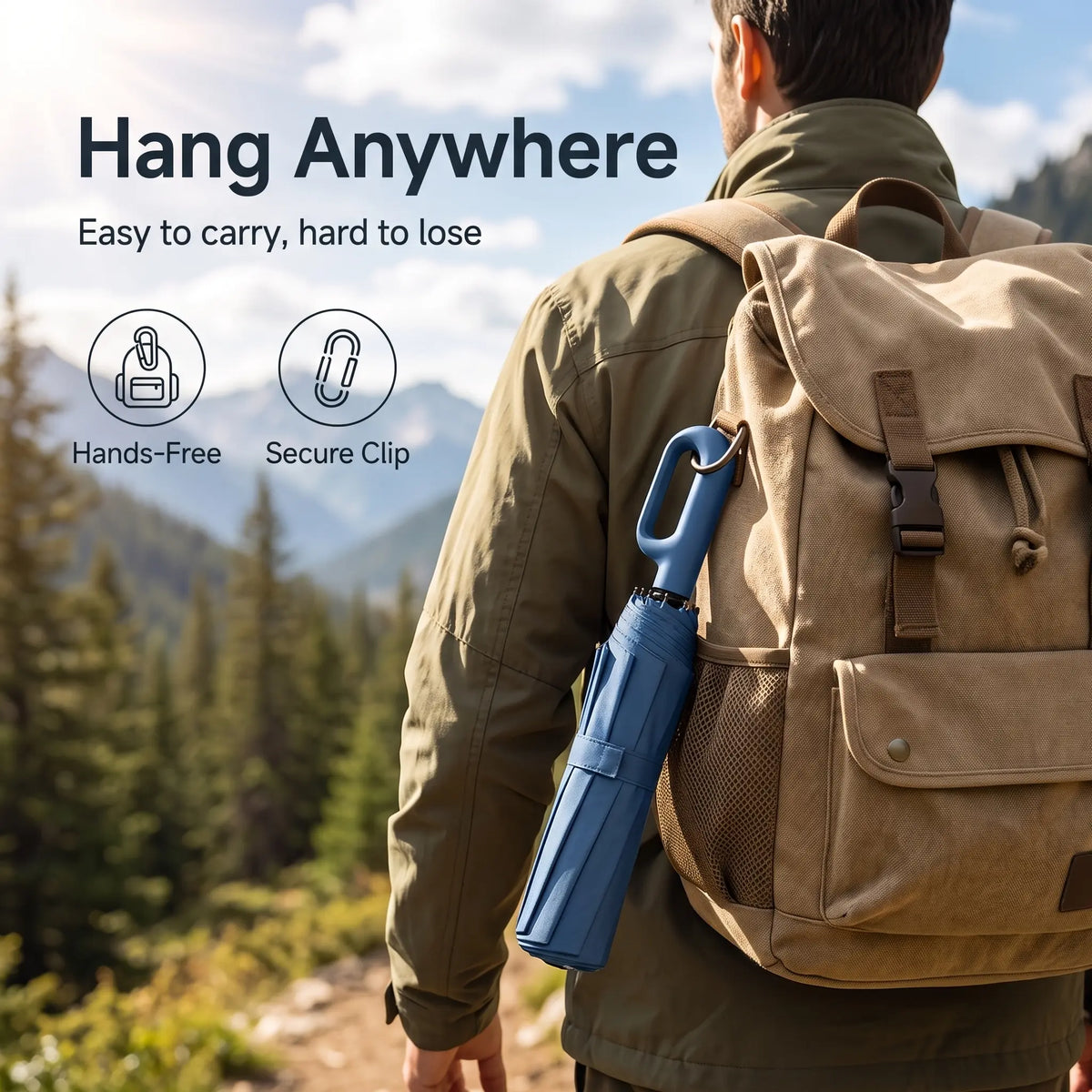 Automatic Open & Close Folding Umbrella with Double Choice, Hanging Ring Handle, Waterproof, Windproof, Sun Protection, Lightweight Portable Umbrella for Men & Women