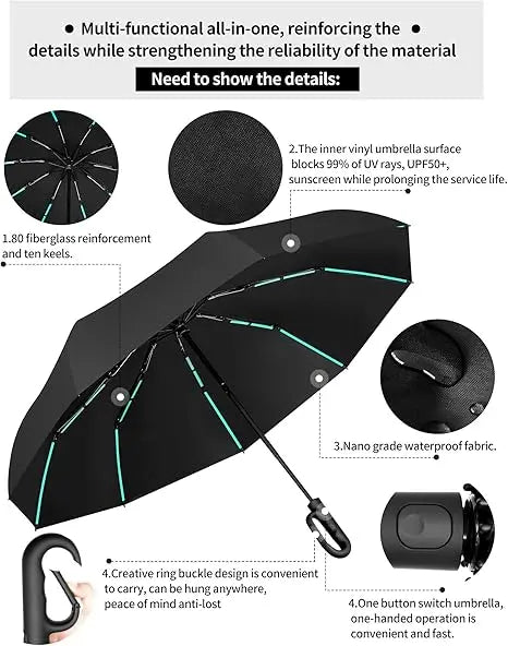 Automatic Folding Umbrella 1 Count 60pcs Portable Rain Umbrella with Loop Buckle Windproof Waterproof for Men Women